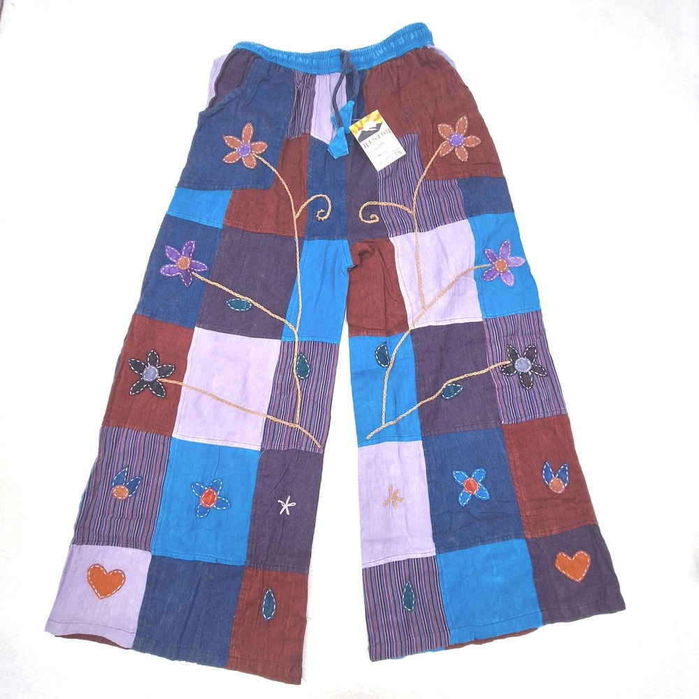 Rising International Wide Leg Patchwork Pants Womens XL Blue Embroidered Hippie